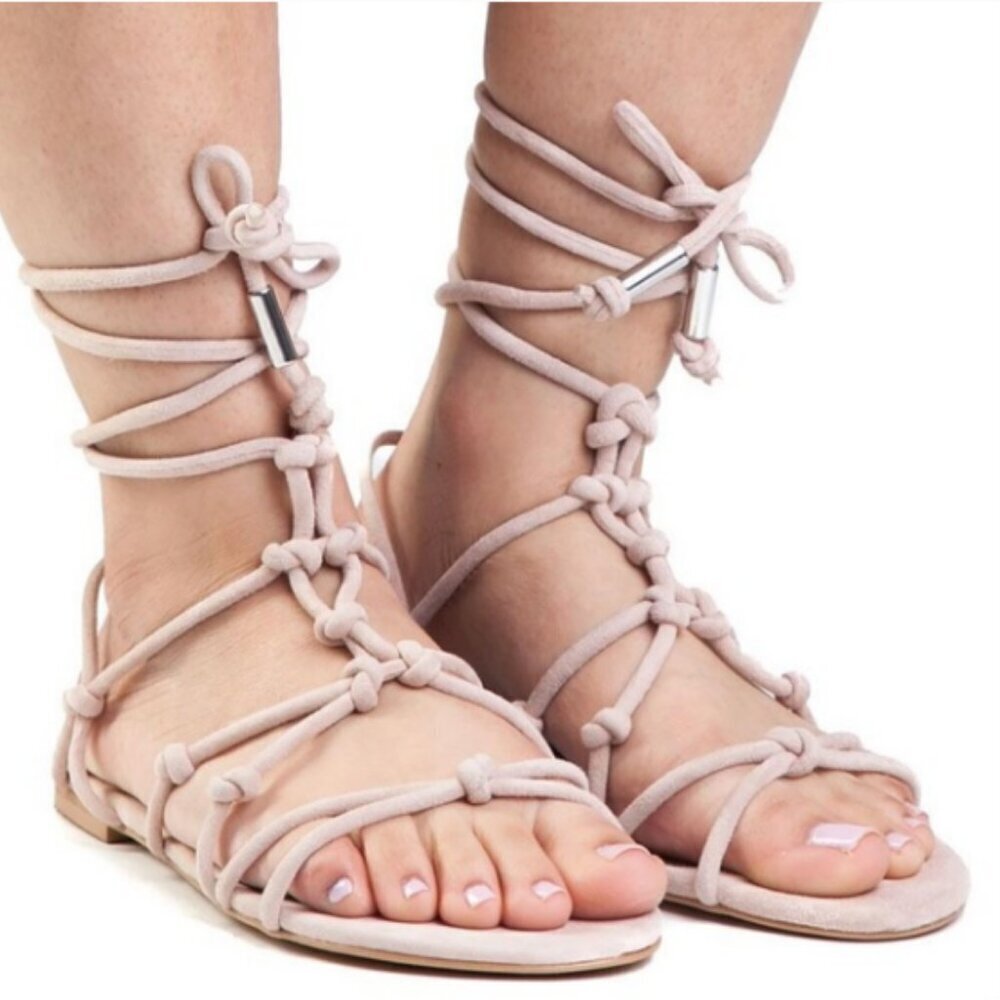 REBECCA MINKOFF Elyssa Gladiator Sandals Strappy Suede Beige Tan 8.5 Leather